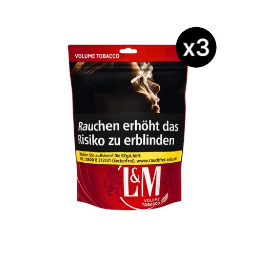 Bundle L&M Red Volumentabak in 3x 90g Zip-Beuteln (Insgesamt 270g Vorratspackung). Ergiebiger Premium American Blend Stopftabak von Philip Morris für kräftigen Genuss.