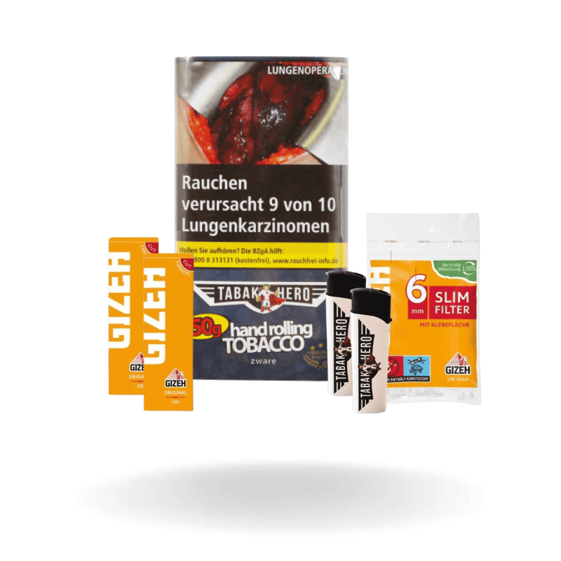 Probierpaket: Tabakhero Zware Pouch (50g) + Gizeh Zigaretten Papes Original (2x50 Stück) + Gizeh Zigaretten Filter Slim (120 Stück) + 2 Tabakhero Feuerzeuge