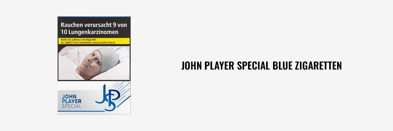 Packung John Player Special (JPS) Blue, Vorderseite mit gesetzlichen Warnhinweisen.