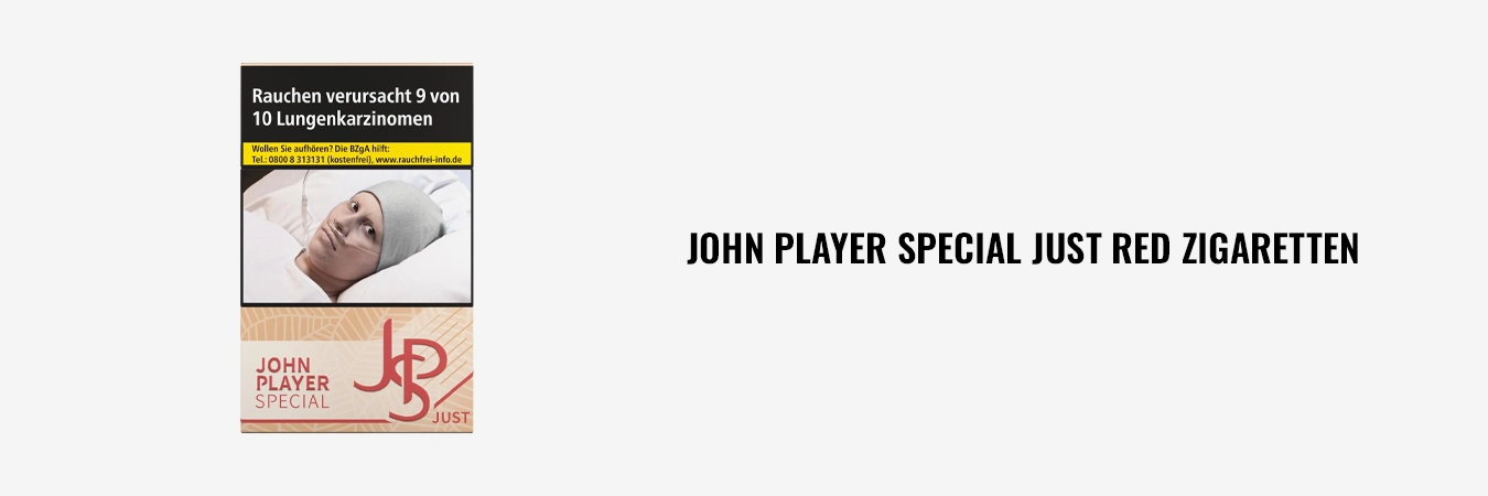 Packung John Player Special (JPS) Just Red, Vorderseite mit gesetzlichen Warnhinweisen.