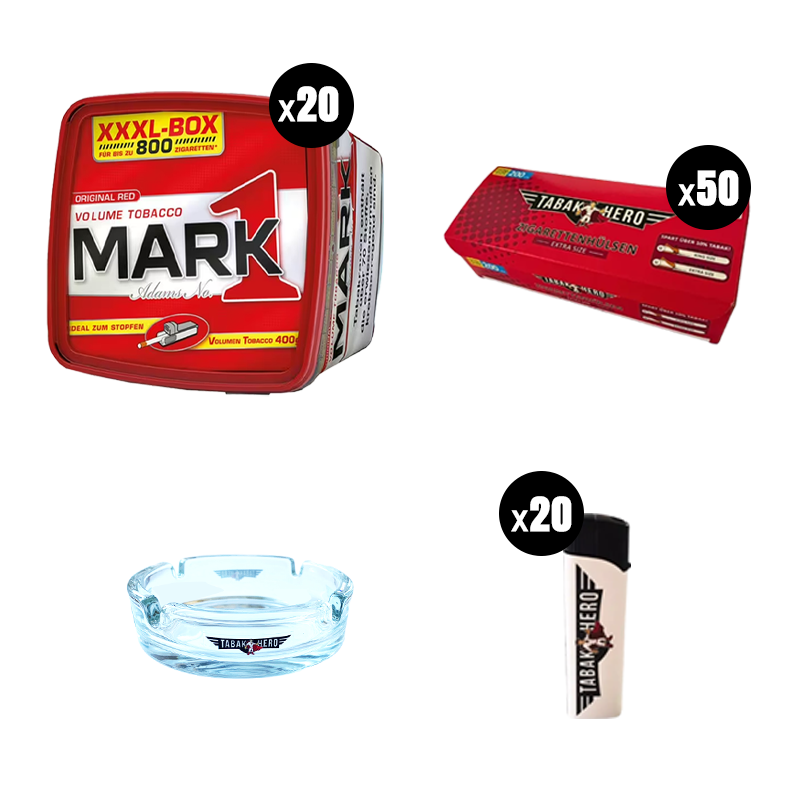 Mega Bundle: Mark Adams 1 Stopftabak (20x400g) + Tabakhero Hülsen (50x200 Stk.) + Feuerzeuge (20 Stk.) + Tabakhero Aschenbecher