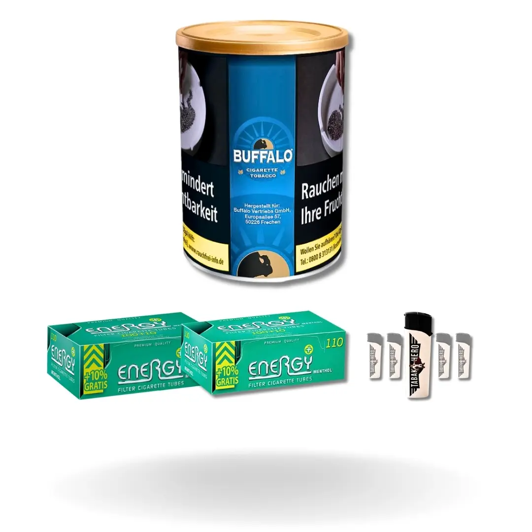 Bundle: Buffalo Blue Halfzware Drehtabak (140g) + Energy Plus Menthol Hülsen (2x110 Stück) + Feuerzeuge (5 Stück)