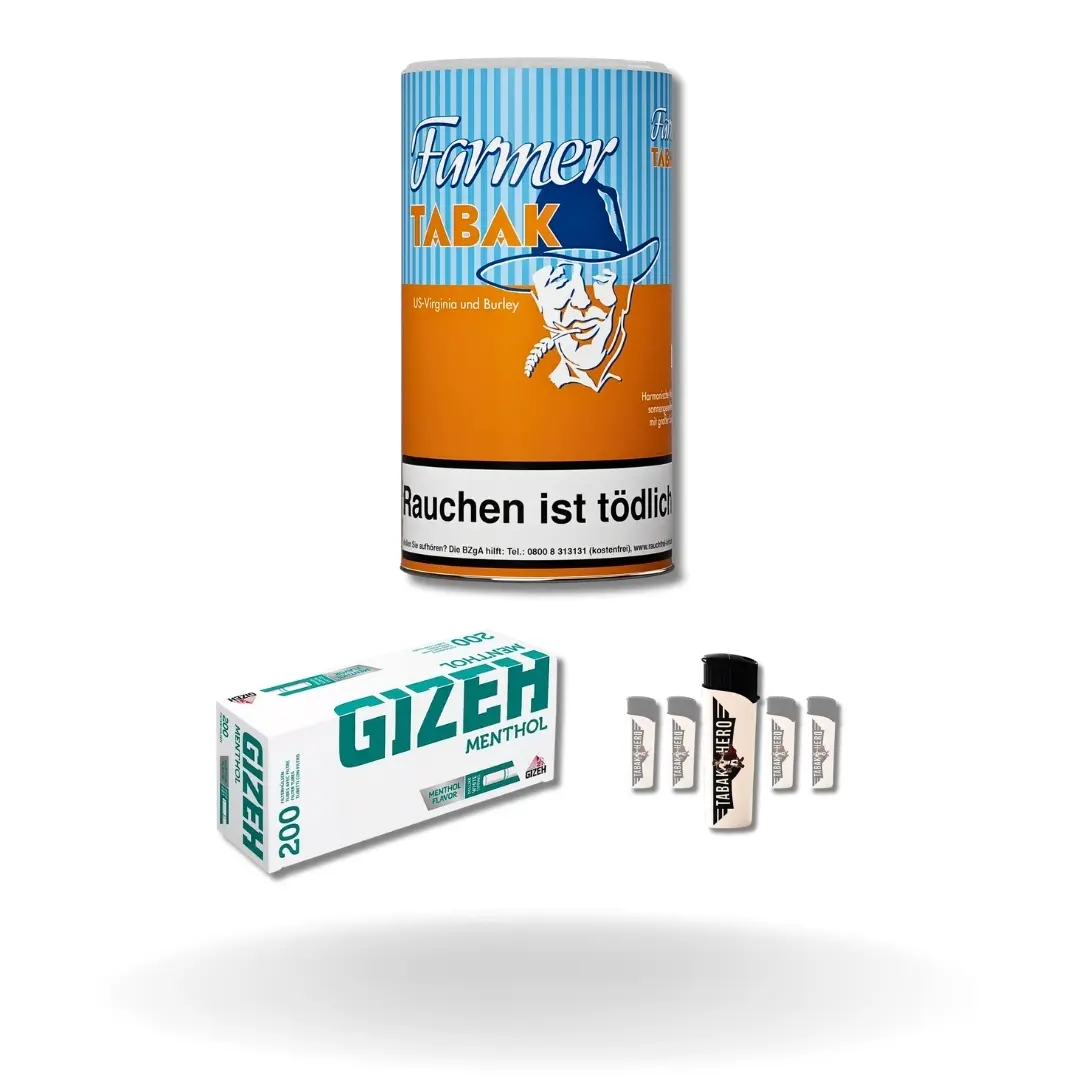 Bundle: Farmer Orange Pfeifentabak (160g) + Gizeh Menthol Hülsen King Size (200 Stück) + Feuerzeuge (5 Stück) 