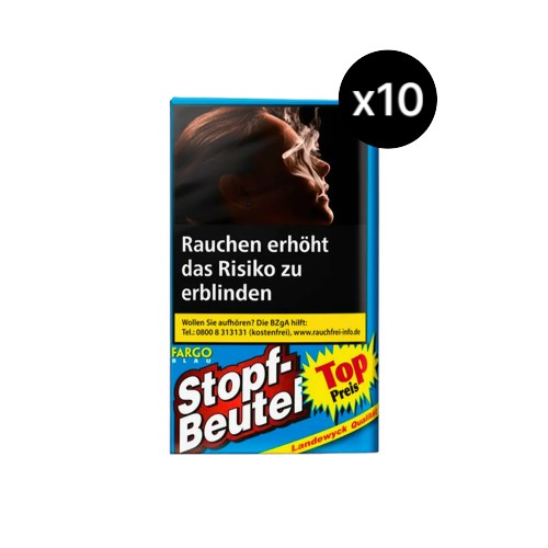 Vorrats-Bundle Fargo Stopf-Beutel Blau Tabak mit 10x 30g Pouches. Milder Blend für eine makellose Abbrand-Thermodynamik und höchste maschinelle Stopfeffizienz, sowie Dreheffizienz.