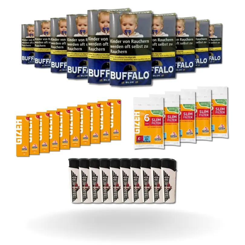 Bundle: Buffalo Blue Halfzware Drehtabak (10x40g) + Gizeh Papes (10x50 Stück) + Gizeh Filter (5x120 Stück) + Feuerzeuge (10 Stück)