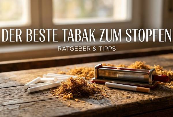 Ratgeber: Der beste Tabak zum Stopfen. Ansicht von Volumentabak, Zigarettenhülsen, einer Stopfmaschine und beliebten Tabakmarken wie Winston und Pall Mall auf einem Holztisch