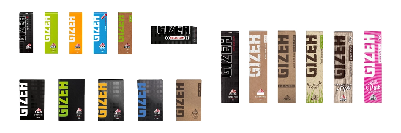 GIZEH Papers Sortiment: Regular, King Size, King Size Slim und Rolls – mehrere Packungen nebeneinander, Frontansicht.
