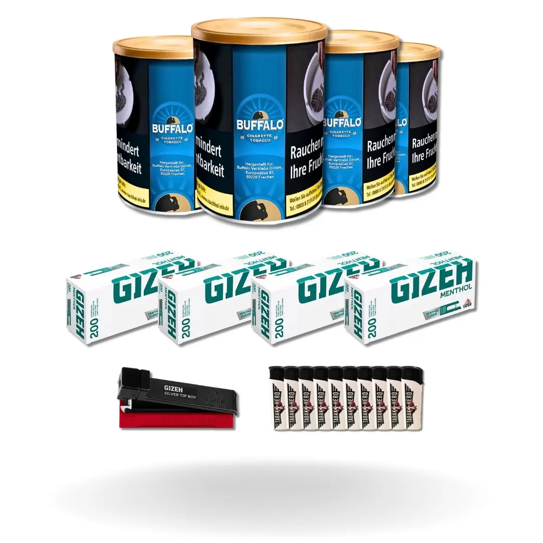 Bundle: Buffalo Blue Halfzware Drehtabak (4x140g) + Gizeh Menthol Hülsen King Size (4x200 Stück) + Gizeh Stopfgerät + Feuerzeuge (10 Stück)