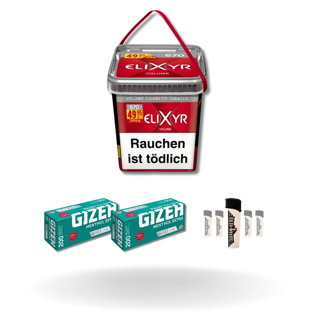 Bundle: Elixyr Red Stopftabak (260g) + Gizeh Menthol Hülsen Extra Size (2x200 Stück) + Feuerzeuge (5 Stück)