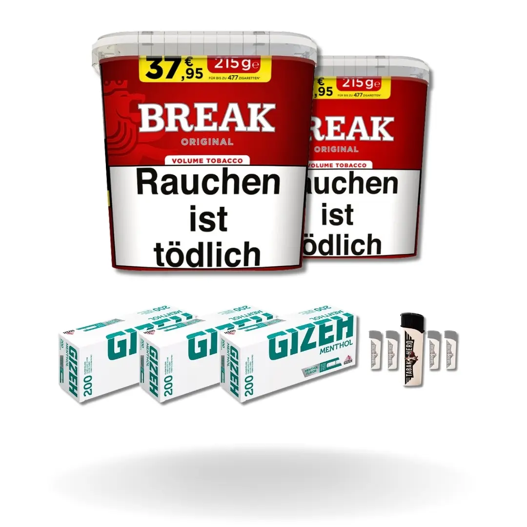 Bundle: Break Red Stopftabak (2x195g) + Gizeh Menthol Hülsen King Size (3x200 Stück) + Feuerzeuge (5 Stück) 
