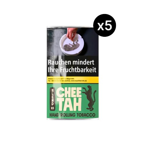 Bundle Chee Tah Blend 83 Green Drehtabak mit 5x 30g Pouches. Langfaseriger Hand Rolling Tobacco für makellose Dreheigenschaften und lineare Thermodynamik.