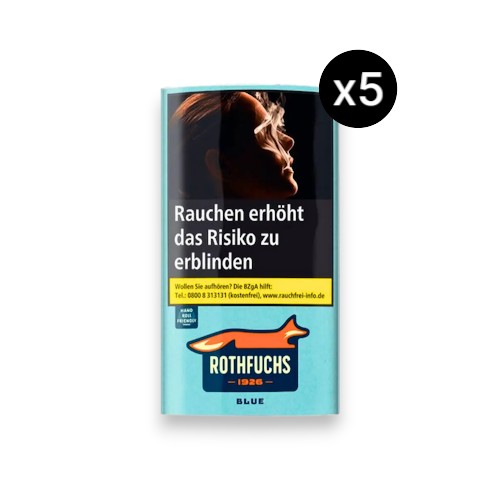 Rothfuchs Blue Feinschnitt Tabak Bundle in 5 Pouches à 30g. Insgesamt 150g Hand Roll Friendly Drehtabak für eine sanfte Zugdynamik.