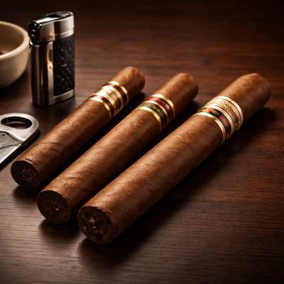 Zigarren mit Cutter und Feuerzeug auf Holztisch – Zubehör und Formate im Überblick