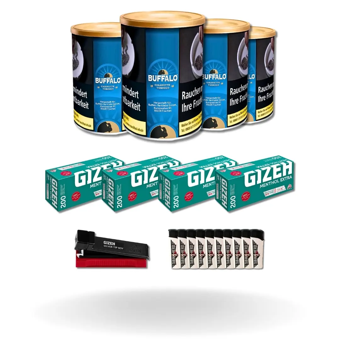 Bundle: Buffalo Blue Halfzware Drehtabak (4x140g) + Gizeh Menthol Hülsen Extra Size (4x200 Stück) + Gizeh Stopfgerät + Feuerzeuge (10 Stück)