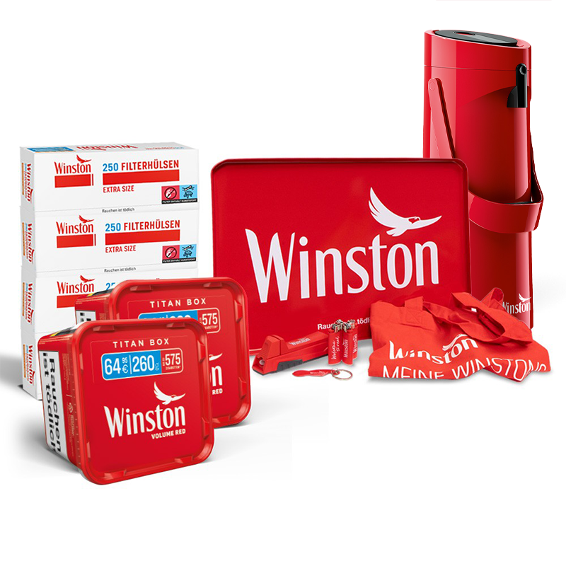 Bundle: Winston Red Tabak Eimer (2x260g) + Winston Red Hülsen Extra (4x250) + Zubehör + Winston Emsa Kanne