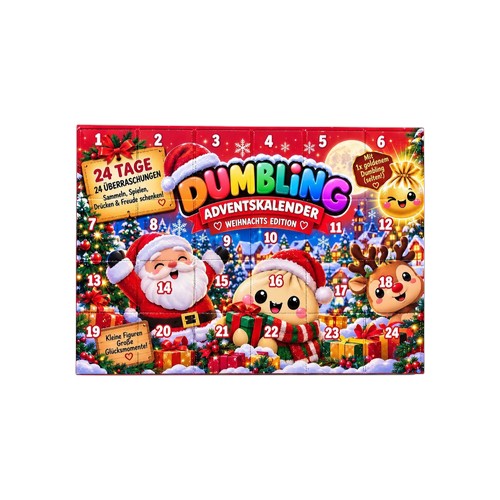 Squishy Dumbling Weihnachts-Edition mit 24 Türchen, festlichem Weihnachtsmann-Design und der Chance auf einen goldenen Dumbling. Adventskalender.
