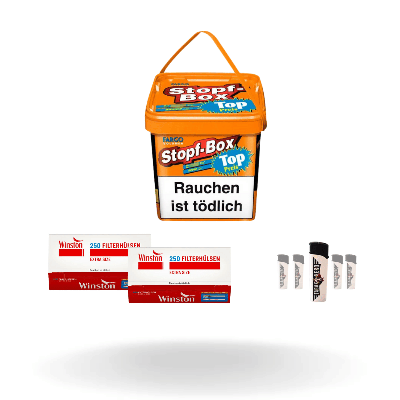 XXL-Bundle mit 400g Fargo Stopf-Box Volumentabak, 500 Winston Extra Size Filterhülsen und 5 Einweg-Feuerzeugen