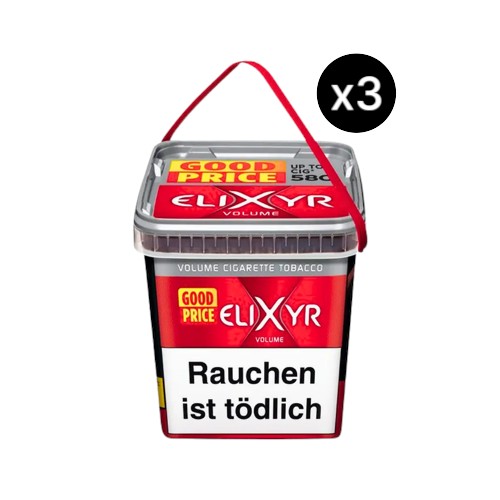 Bundle Elixyr Red Volumentabak in 3 XXL Eimern à 245g. Insgesamt 735g hochergiebiger Volume Tobacco mit kräftiger American-Blend-Matrix für perfekte maschinelle Verarbeitung.