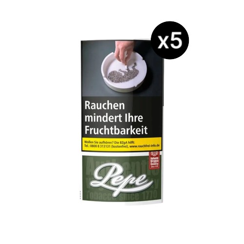 Bundle mit Pepe Dark Green Drehtabak 5x 30g Pouches. 100% naturbelassener, kräftiger Virginia Blend mit langfaseriger Architektur für makellose RYO-Eigenschaften und lineare Thermodynamik.