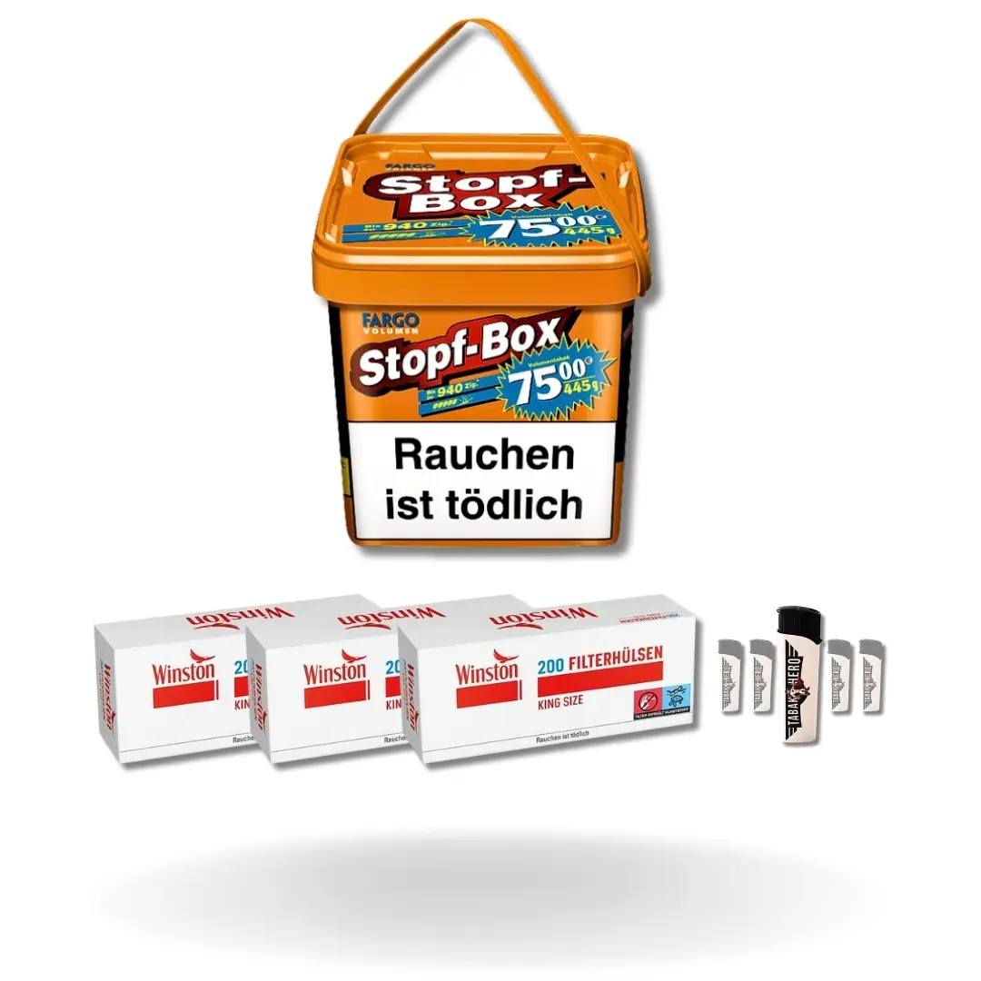 Bundle: Fargo Stopf-Box Stopftabak (420g) + Winston Red Hülsen King Size (3x200) + Feuerzeuge (5 Stück) 