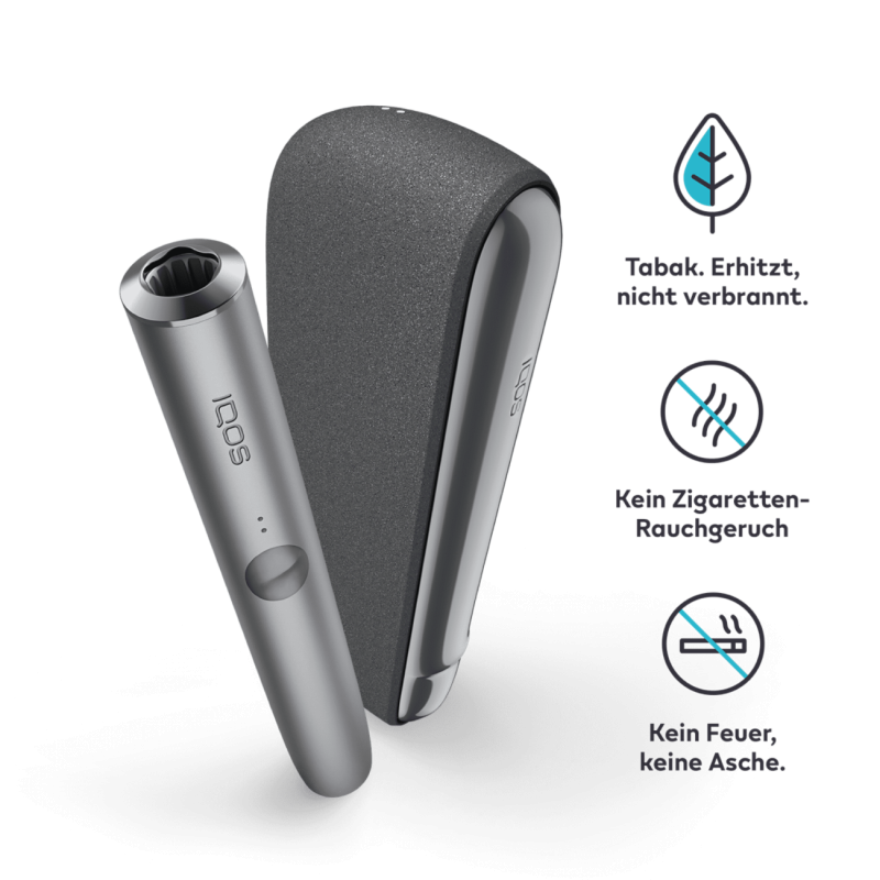 Erklärendes Bild, das den IQOS ILUMA PRIME (Holder und Ladeetui in der Farbe Midnight Black) neben drei Vorteilssymbolen mit deutschem Text zeigt. Oberes Symbol (Blatt): 'Tabak. Erhitzt, nicht verbrannt.' Mittleres Symbol: 'Kein Zigaretten-Rauchgeruch.' U