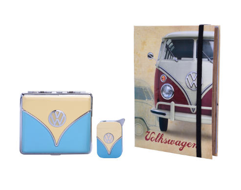 VW Volkswagen Geschenkset Feuerzeug und Etui Blau Beige