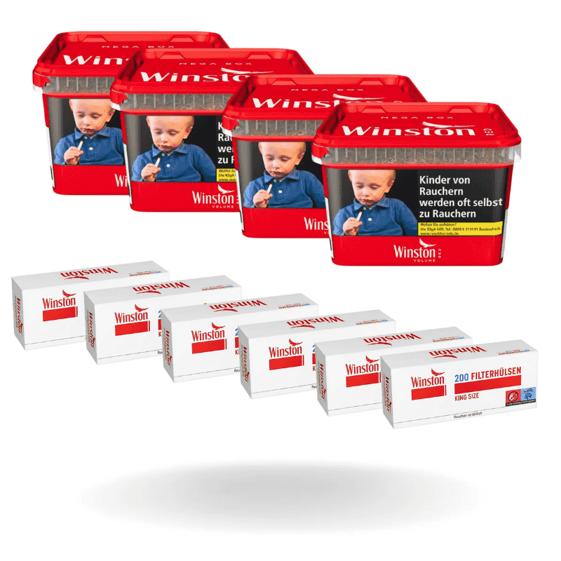 Bundle: Winston Red Tabak Volumentabak Eimer (4x115g) + Winston Red Filterhülsen Extra Size(6x250 Stück)