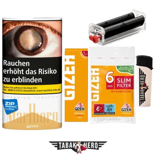 Anfänger Set zum Zigaretten drehen mit Marlboro Gold Tabak, Gizeh Drehmaschine, Blättchen und Filter