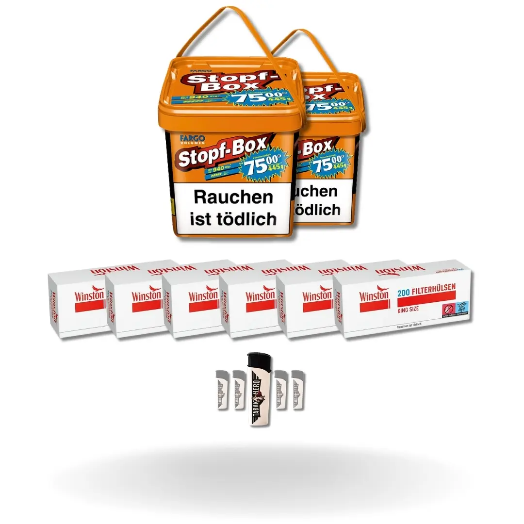 Bundle: Fargo Stopf-Box Stopftabak (2x420g) + Winston Red Hülsen King Size (6x200) + Feuerzeuge (5 Stück) 