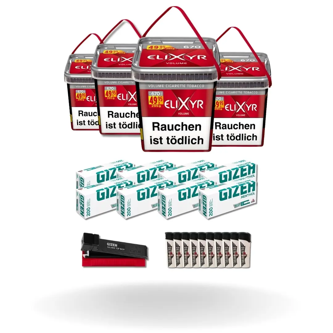 Bundle: Elixyr Red Stopftabak (4x260g) + Gizeh Menthol Hülsen King Size (8x110 Stück) + Gizeh Stopfgerät + Feuezeuge (10 Stück)