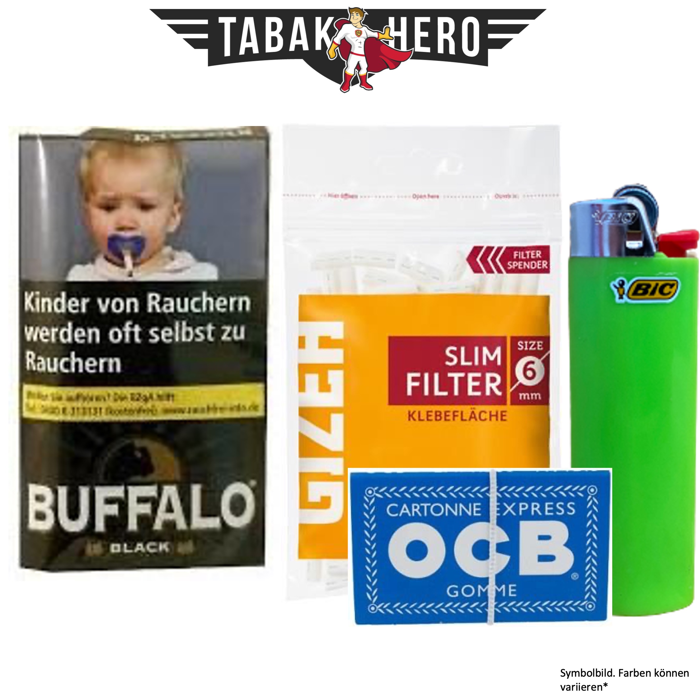 Drehset Buffalo Zware Black 40g + Gizeh 6mm Filter & OCB 100 Blatt Papier + BIC Feuerzeug