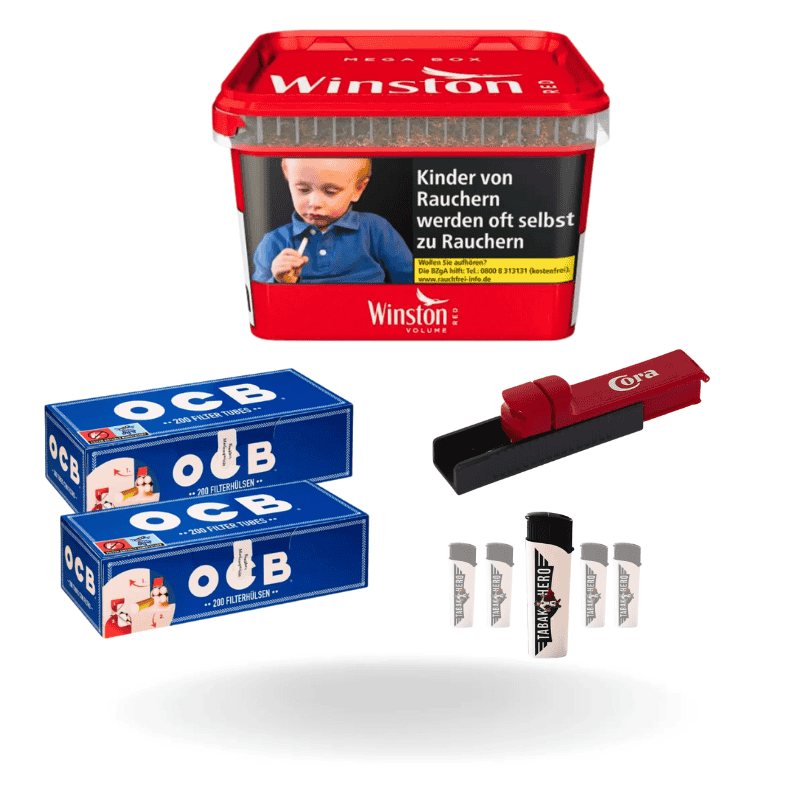 Bundle: Winston Red Tabak Volumentabak Eimer (120g) + OCB Hülsen King Size (2x200 Stück) + Cora Stopfgerät + Feuerzeuge