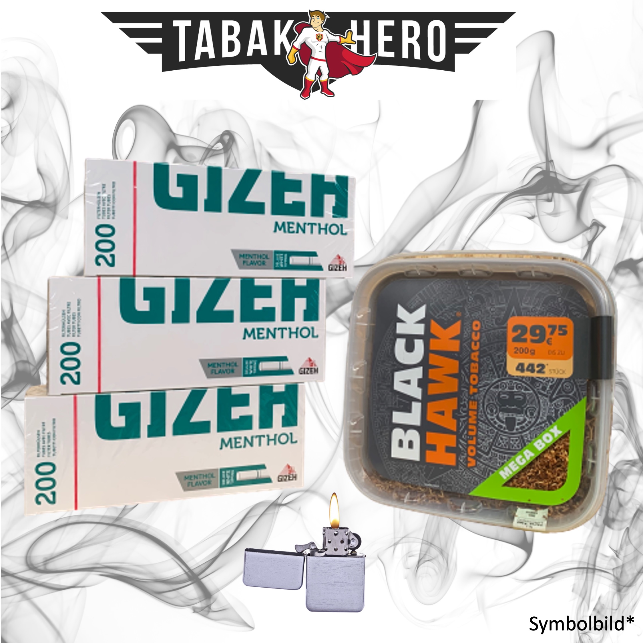 230g Black Hawk Tabak, Gizeh Menthol-Filterhülsen + mehr, Stopftabak Volumentabak