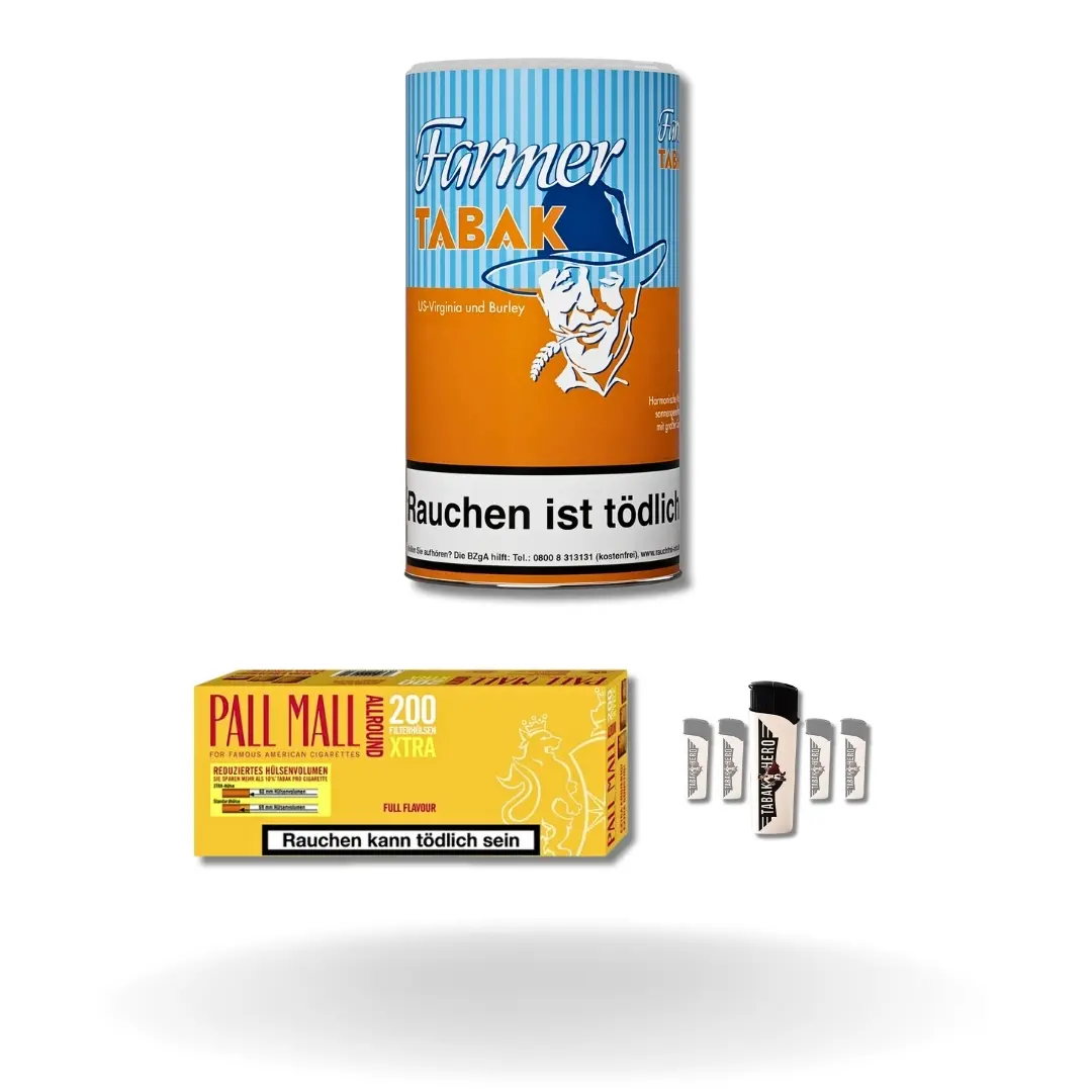 Bundle: Farmer Orange Pfeifentabak (160g) + Pall Mall Allround Hülsen Extra Size (200 Stück) + Feuerzeuge (5 Stück) 