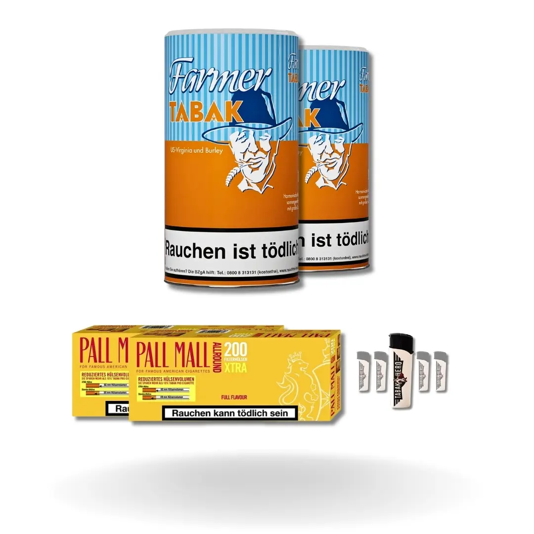 Bundle: Farmer Orange Pfeifentabak (2x160g) + Pall Mall Allround Hülsen Extra Size (2x200 Stück) + Feuerzeuge (5 Stück) 