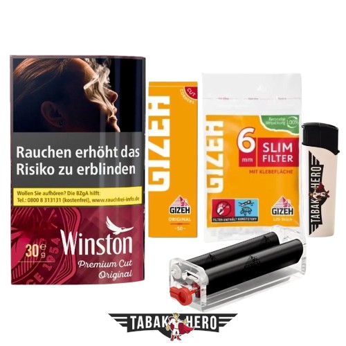 Anfänger Set zum Zigaretten drehen mit Winston Original Tabak, Gizeh Drehmaschine, Blättchen und Filtern