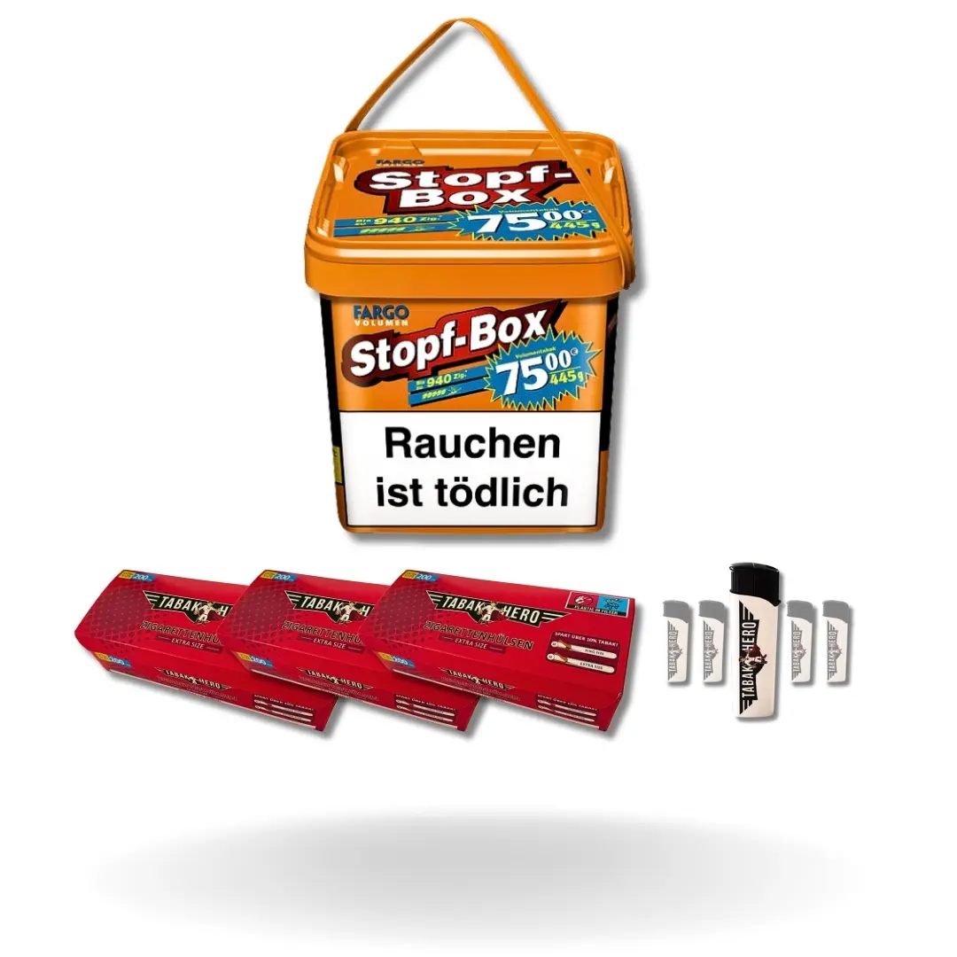 Bundle: Fargo Stopf-Box Stopftabak (420g) + Tabakhero Hülsen Extra Size (3x200) + Feuerzeuge (5 Stück) 