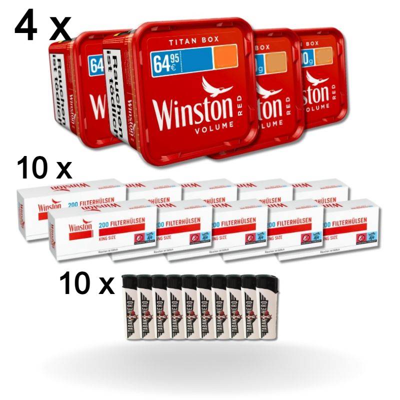 Winston Red Mega-Bundle mit vier 280g Eimern zum alten Preis, 2000 King Size Hülsen und 10 Tabakhero Feuerzeugen