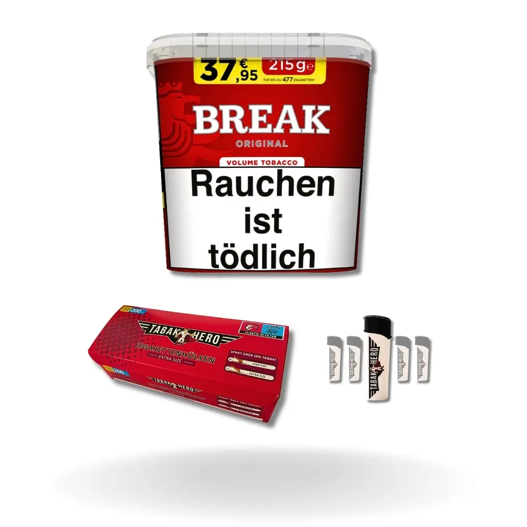 Bundle: Break Red Stopftabak (195g) + Tabakhero Hülsen Extra Size (200 Stück) + Feuerzeuge (5 Stück)