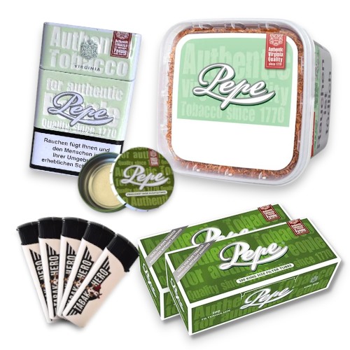 Pepe Bright Green Volumentabak Eimer Bundle mit Zubehör. Zusatzstofffreier Virginia-Blend inklusive King Size Hülsen, Metall-Etui, Klickaschenbecher und Feuerzeugen für maximale maschinelle Effizienz.