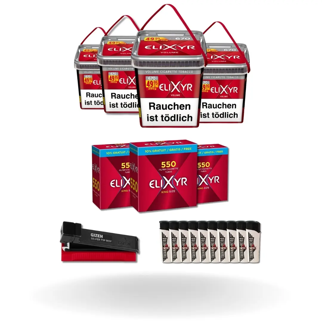 Bundle: Elixyr Red Stopftabak (4x260g) + Elixyr Hülsen King Size (3x550 Stück) + Gizeh Stopfgerät + Feuerzeuge (10 Stück)
