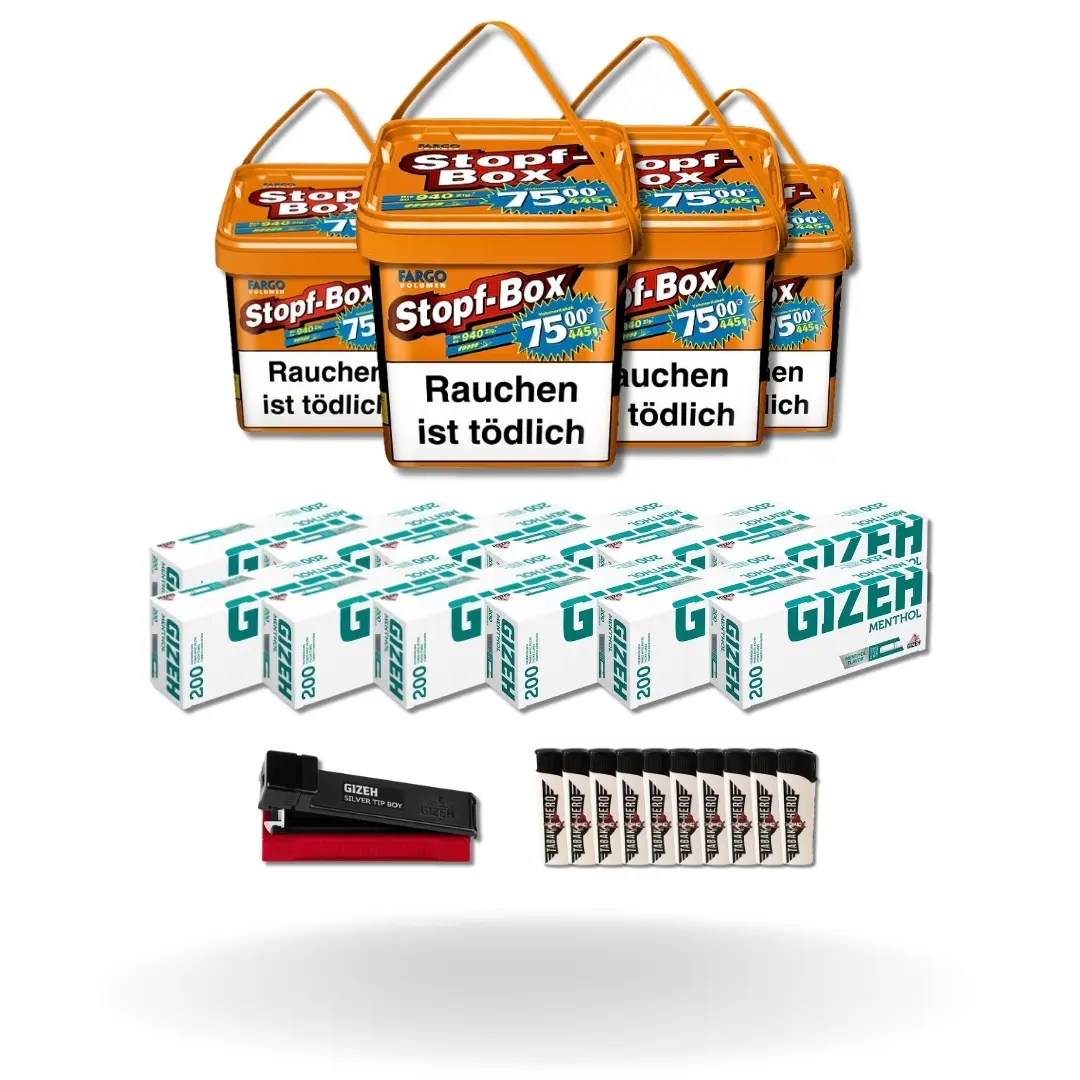 Bundle: Fargo Stopf-Box Stopftabak (4x420g) + Gizeh Menthol Hülsen King Size (12x200 Stück) + Gizeh Stopfgerät + Feuerzeuge (10 Stück) 