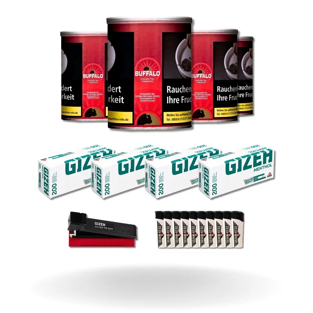 Bundle: Buffalo Red Halfzware Drehtabak (4x140g) + Gizeh Menthol Hülsen King Size (4x200 Stück) + Gizeh Stopfgerät + Feuerzeuge (10 Stück)