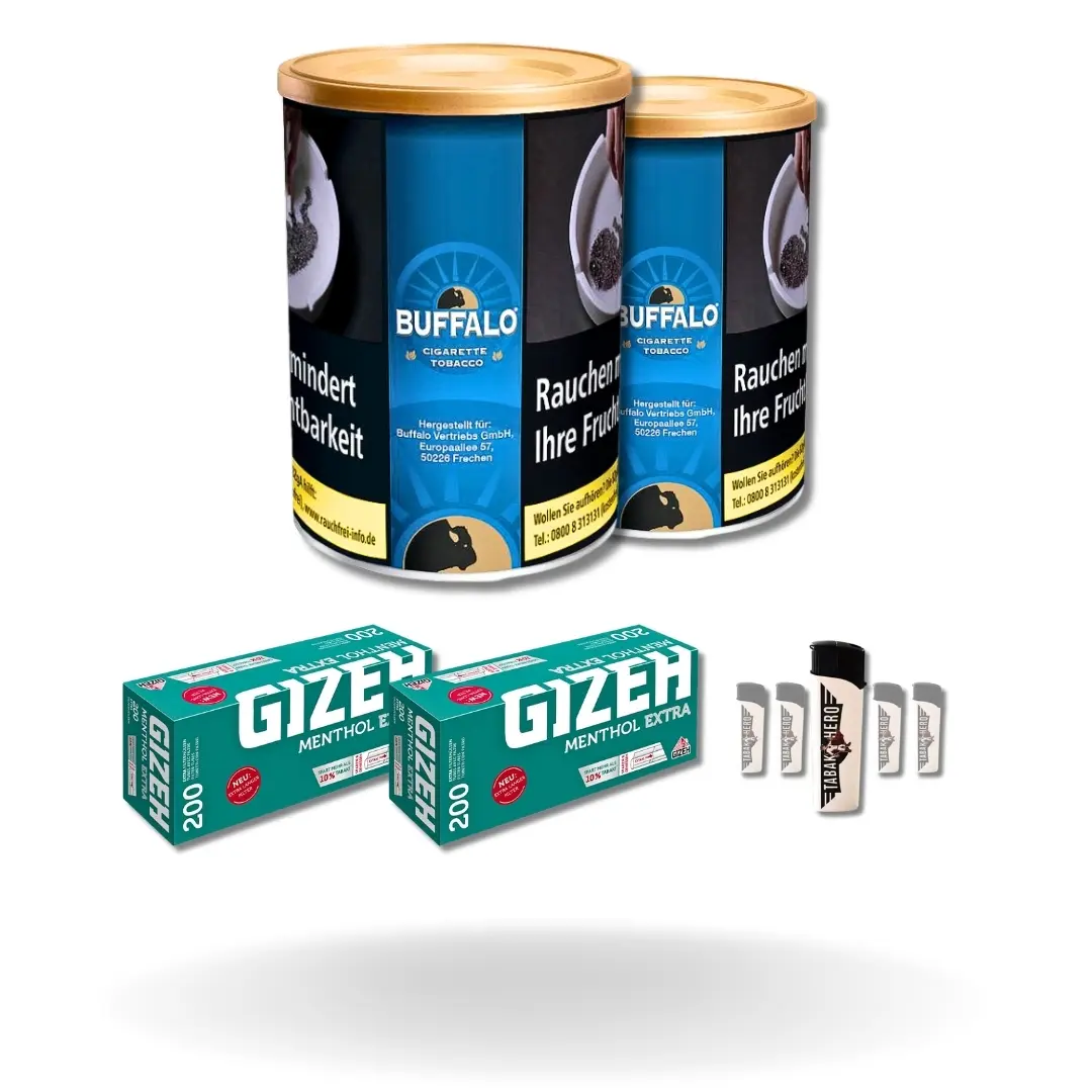 Bundle: Buffalo Blue Halfzware Drehtabak (2x140g) + Gizeh Menthol Hülsen Extra Size (2x200 Stück) + Feuerzeuge (5 Stück)