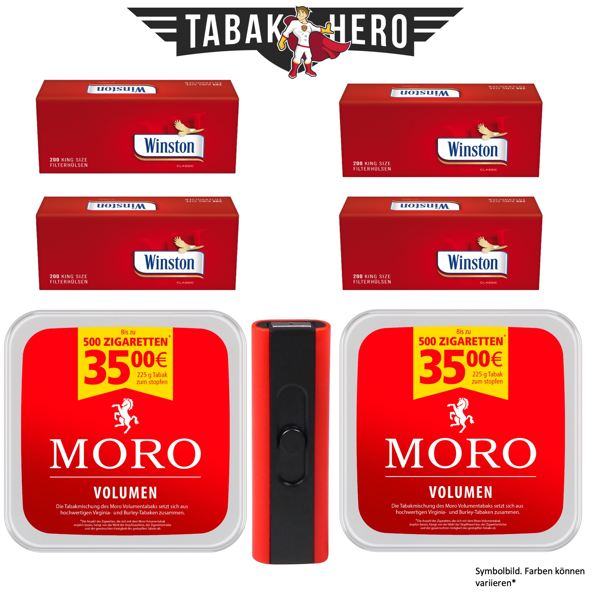 2x Moro Volumen Tabak 175g + 4x 200 Winston Hülsen+ 1x Spiralfeuerzeug