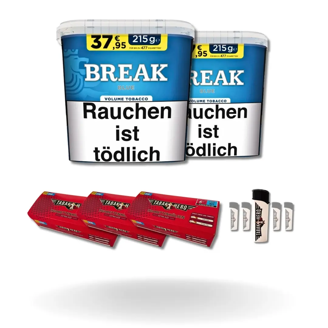 Bundle: Break Blue Stopftabak (2x195g) + Tabakhero Hülsen Extra Size (3x200 Stück) + Feuerzeuge (5 Stück)