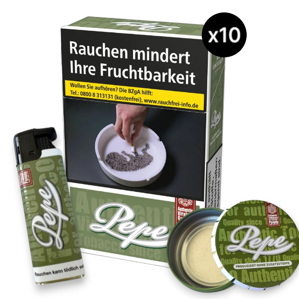 Set aus einer Stange Pepe Rich Green Zigaretten (10x20 Stück), original Pepe Sturmfeuerzeug und grünem Taschenaschenbecher