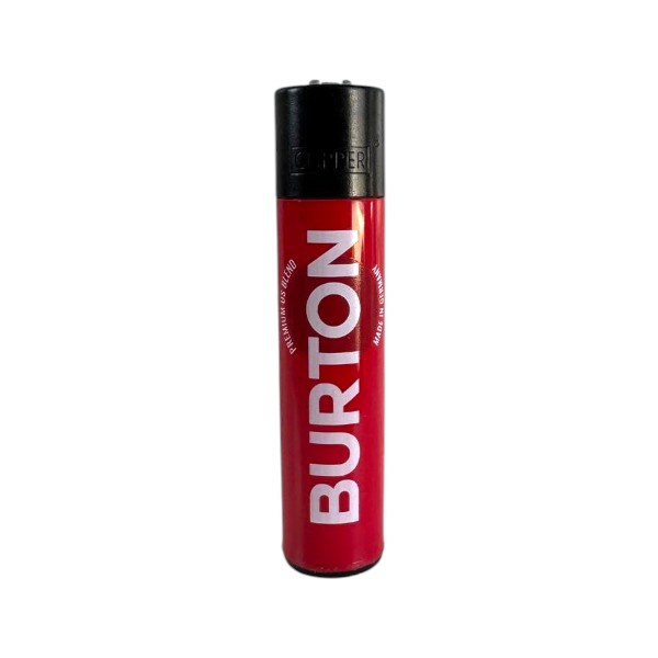 Frontansicht des roten Burton Clipper Feuerzeugs mit weißem Markenlogo