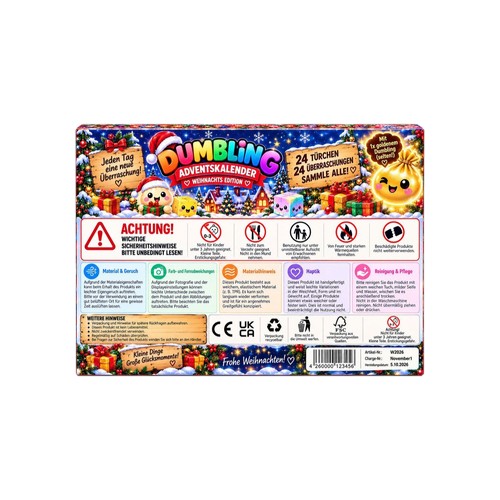 Rückseite des Dumbling Adventskalenders mit wichtigen Sicherheits-, Material- und Pflegehinweisen für die Squishy Figuren.