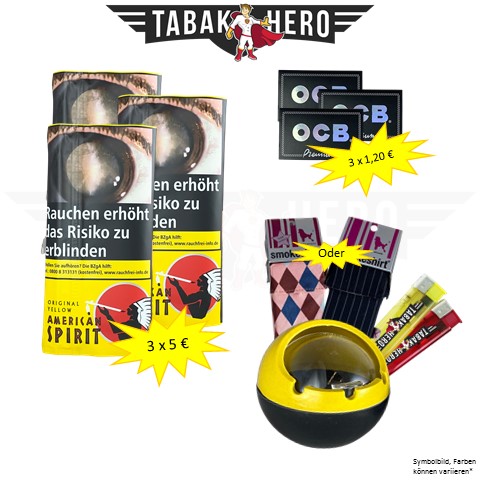 SPARHERO- 3 American Spirit Yellow 30g. OCB Premium Kurz. Feuerzeuge.Etui. Ascher